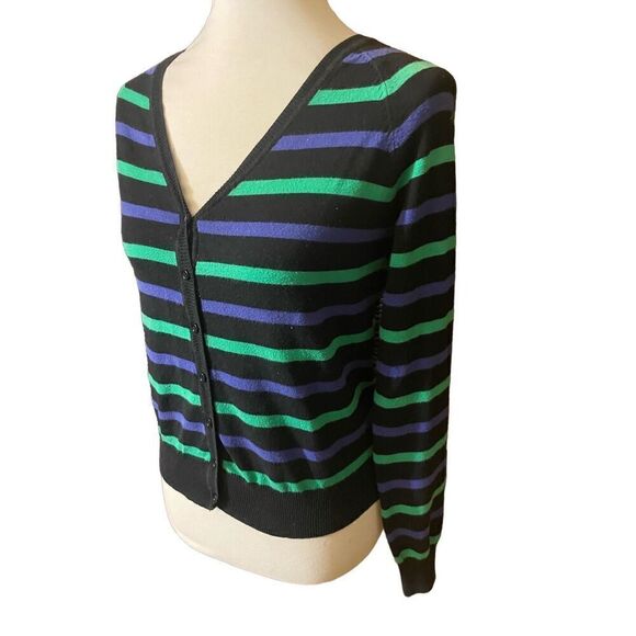 XXI Womens Cardigan Sweater Stripe Long Sleeve Button Front V Neck Blue Large - Picture 5 of 8